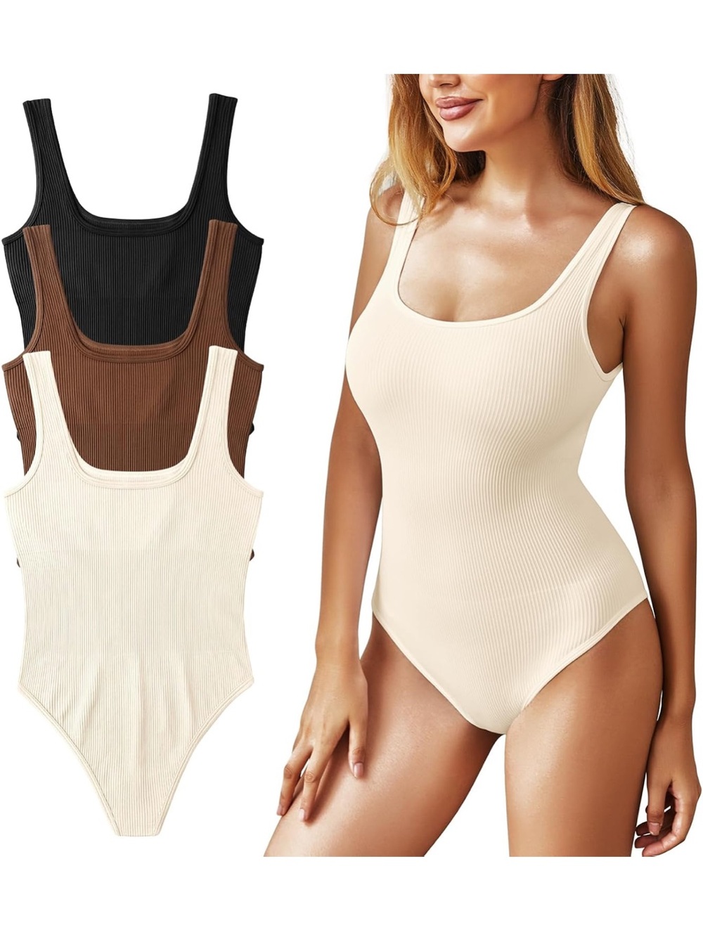 Ribbed Scoop-Neck Bodysuit 3-Pack in Cream, Brown & Black